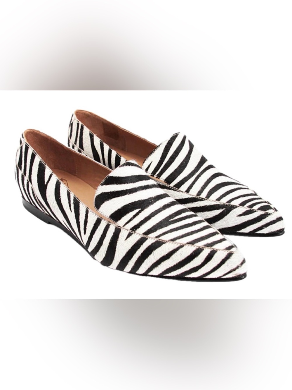 John Fluevog Presence Impel Zebra Print Black and White Pointed Flats